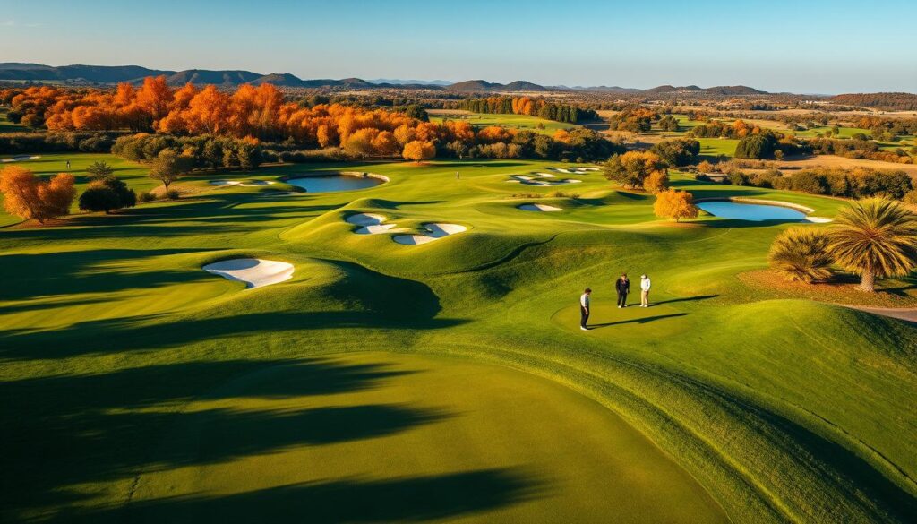 A stunning aerial view of a meticulously designed golf course showcasing strategic signature holes. In the foreground, lush green fairways stretch out, with golfers in professional attire contemplating their next moves. The middle ground features intricate bunkers and strategically placed water hazards, emphasizing the course's design complexity. In the background, rolling hills and vibrant trees create a picturesque landscape against a clear blue sky. The scene is illuminated by warm, natural sunlight, casting soft shadows that enhance the textures of the greens and sand traps. Capture the mood of an engaging golf strategy session, where nature and design come together to create an iconic golfing experience, framed from a high angle for a comprehensive perspective.
