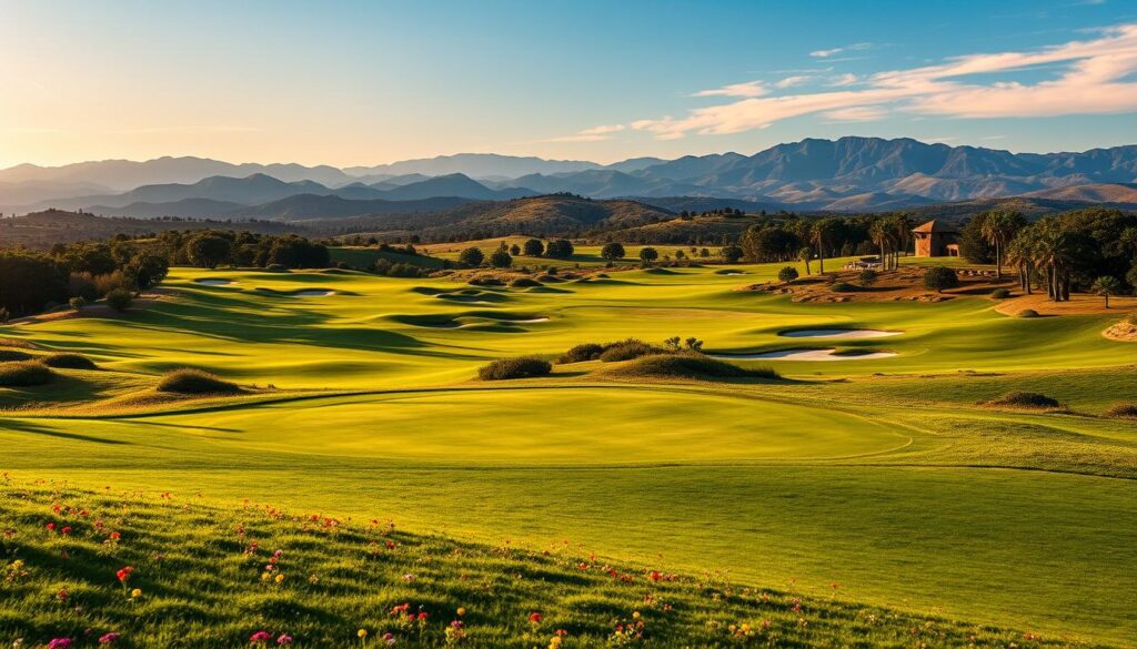 A stunning championship golf course designed by a renowned architect, featuring undulating greens, strategically placed bunkers, and natural water hazards. In the foreground, lush fairways with rich green grass are dotted with vibrant wildflowers. The middle ground showcases elegantly designed tee boxes and meticulously groomed putting surfaces, surrounded by artistic landscaping that highlights the course’s aesthetics. In the background, a range of rolling hills under a clear blue sky creates a serene atmosphere, with soft, golden sunlight illuminating the scene. Capture the mood of excitement and prestige associated with championship play, using a wide-angle lens to accentuate the expansive layout. Aim for a vibrant color palette to evoke the beauty of nature and the intricacies of golf course architecture.