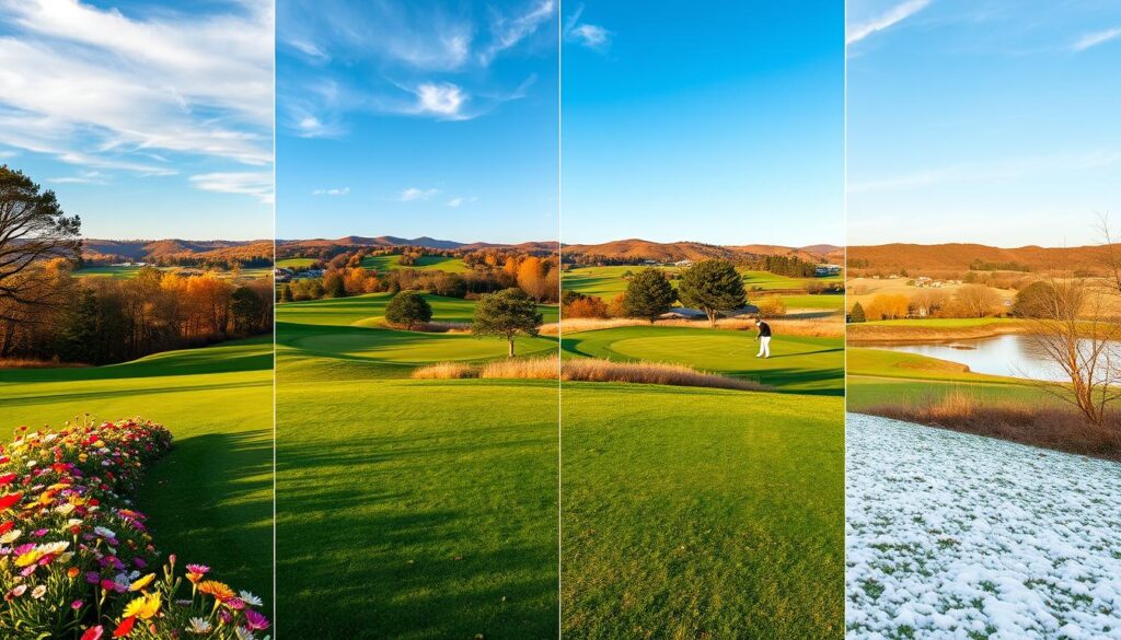 A stunning photo gallery showcasing the seasonal transformation of a picturesque golf course, illustrating four panels: spring with vibrant greens and blooming flowers; summer featuring bright sunshine and lush fairways; autumn showcasing golden leaves and crisp air; winter with a serene blanket of snow and bare trees. In the foreground, a beautifully manicured tee box lined with colorful wildflowers. The middle ground displays well-kept greens and undulating fairways, with golfers in professional attire enjoying their game. The background features a rolling landscape of hills under a clear blue sky with soft, warm lighting that enhances the atmosphere of tranquility and beauty. The perspective captures a wide-angle view, emphasizing the seasonal changes and harmonious natural elements.