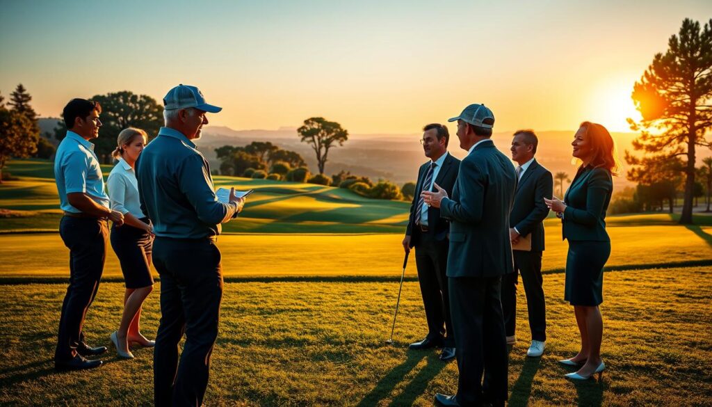 A vibrant golf course at sunset, showcasing a diverse group of golfers in professional business attire, gathered near the fairway engaged in lively discussion. In the foreground, two golfers, one with a notepad and another gesturing animatedly, exemplifying passionate feedback. The middle ground features lush green grass and elegantly manicured trees, embodying the beauty of a signature course. In the background, a picturesque view of distant hills and a softly glowing sky, creating a warm and inviting atmosphere. The lighting is golden, casting long shadows and enriching the colors of the scene. The angle is slightly elevated, providing a comprehensive view of the course and the golfers, enhancing the sense of camaraderie and shared insight.