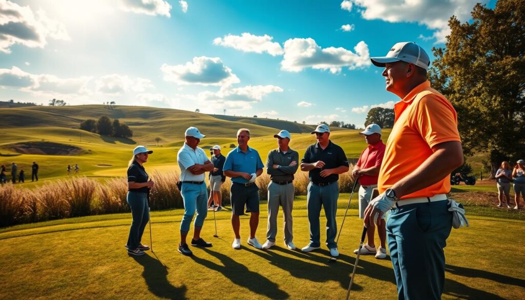 A vibrant golf tournament scene set on a lush, expertly manicured course, showcasing several golfers in professional attire, engaged in captivating moments. In the foreground, a golfer in a bright polo shirt practices his swing with focused determination. In the middle ground, fellow players chat and share stories, emphasizing camaraderie and sportsmanship while holding clubs and golf balls. The background features rolling hills and a stunning blue sky with dappled sunlight filtering through the trees, casting warm glows on the course. The atmosphere is lively yet serene, reflecting the excitement and challenges of the pro circuit. The angle captures the action from a slightly elevated perspective, allowing for a picturesque view of the course and players, enhancing the narrative of testimonials and shared experiences in the game of golf.