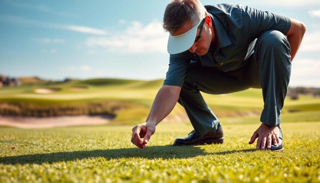 A focused golfer in professional attire, kneeling on a lush green fairway, inspecting the turf closely. The foreground features the golfer's posture and hands as they evaluate the grass quality, showcasing their attention to detail. In the middle ground, a well-maintained golf course with vibrant greens and neatly trimmed fairways spreads out, with a few sand traps and gentle hills adding depth. The background captures a clear blue sky with soft clouds, enhancing the serene atmosphere. The lighting is bright and natural, casting soft shadows that emphasize the golfer's concentration. This scene conveys professionalism and dedication to course maintenance, reflecting the golfer’s commitment to quality and performance.