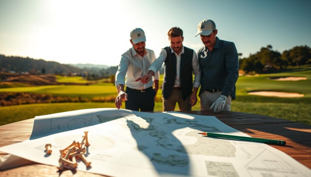 A golf course design review scene, showcasing a group of professional golfers and architects engaged in discussion over a detailed course layout. In the foreground, a large architectural blueprint is spread out on a wooden table, with golf tees and a green pencil placed neatly beside it. In the middle ground, three individuals, dressed in smart casual attire, are animatedly pointing at specific features on the plan, examining elevation changes and green designs. In the background, a lush, manicured golf course stretches out, featuring rolling hills and strategically placed sand traps under a bright, clear blue sky. The lighting is warm and inviting, evoking a sense of collaboration and innovation in golf course architecture, capturing the essence of golfer insights on design features. A golf course design review scene, showcasing a group of professional golfers and architects engaged in discussion over a detailed course layout. In the foreground, a large architectural blueprint is spread out on a wooden table, with golf tees and a green pencil placed neatly beside it. In the middle ground, three individuals, dressed in smart casual attire, are animatedly pointing at specific features on the plan, examining elevation changes and green designs. In the background, a lush, manicured golf course stretches out, featuring rolling hills and strategically placed sand traps under a bright, clear blue sky. The lighting is warm and inviting, evoking a sense of collaboration and innovation in golf course architecture, capturing the essence of golfer insights on design features.