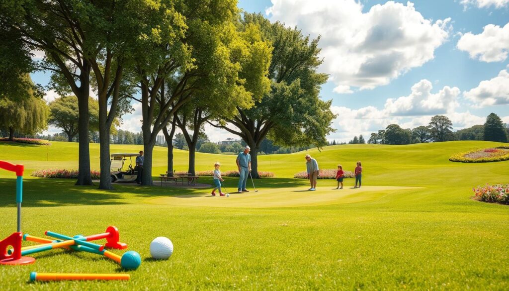 A picturesque family-friendly golf course design, featuring a vibrant green landscape with gentle rolling hills. In the foreground, there are a variety of colorful toy golf clubs and oversized golf balls scattered, suggesting a playful atmosphere. The middle ground showcases a well-manicured putting green, with children and parents playing together, all dressed in modest casual clothing, emphasizing an inclusive, fun environment. Tall trees offer shade, and cheerful flowers bloom along the paths. In the background, a bright blue sky with fluffy clouds enhances the sunny, inviting mood. Shot from a slightly elevated angle to capture the layout of the course, with soft, natural lighting to convey warmth and joy. A picturesque family-friendly golf course design, featuring a vibrant green landscape with gentle rolling hills. In the foreground, there are a variety of colorful toy golf clubs and oversized golf balls scattered, suggesting a playful atmosphere. The middle ground showcases a well-manicured putting green, with children and parents playing together, all dressed in modest casual clothing, emphasizing an inclusive, fun environment. Tall trees offer shade, and cheerful flowers bloom along the paths. In the background, a bright blue sky with fluffy clouds enhances the sunny, inviting mood. Shot from a slightly elevated angle to capture the layout of the course, with soft, natural lighting to convey warmth and joy.