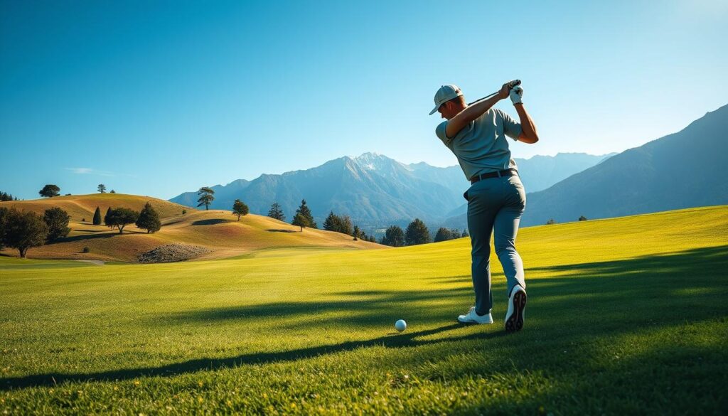 A picturesque golfer standing mid-swing on a lush green fairway, surrounded by a vibrant scenic landscape. In the foreground, the golfer, dressed in smart casual attire, focuses intently on the ball. The middle ground features rolling hills dotted with wildflowers and strategically placed trees, enhancing the ambiance of a sunny day. In the background, a majestic mountain range under a clear blue sky looms, symbolizing adventure and exploration. Soft, natural sunlight casts gentle shadows, creating a warm and inviting atmosphere. Capture the scene from a low angle to emphasize the golfer's form and the expansive landscape, evoking a sense of freedom and excitement in the game of golf intertwined with local culture.