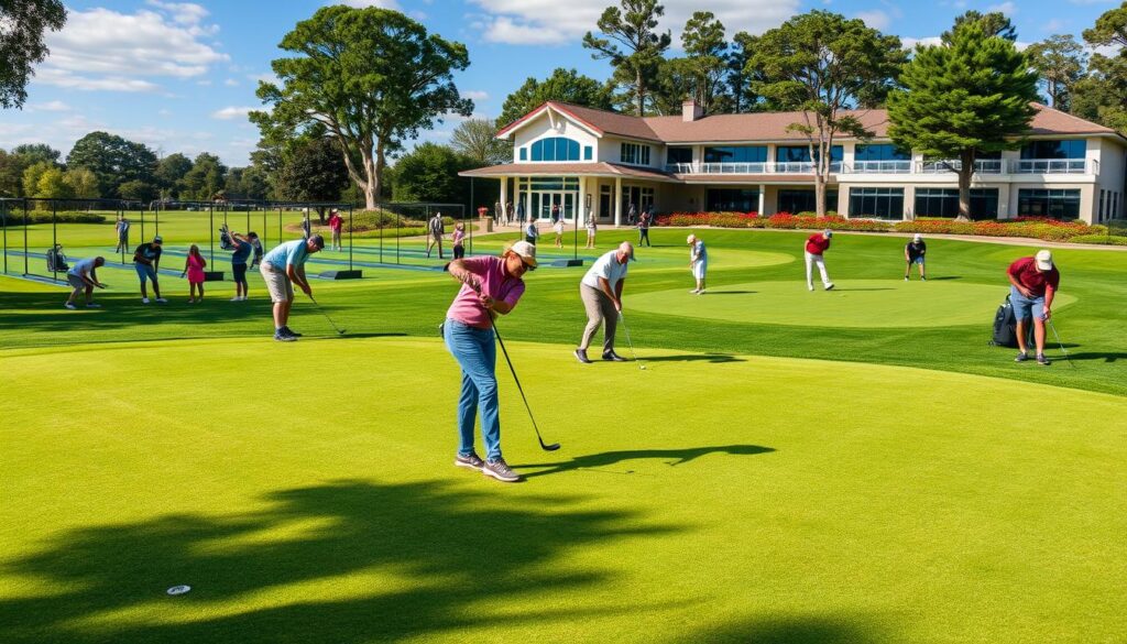A pristine golf club amenities practice facility, showcasing a well-maintained putting green in the foreground, with a diverse group of golfers dressed in smart casual attire practicing their swings. In the middle ground, state-of-the-art driving ranges and practice areas are visible, featuring high-tech simulators and lush landscaping. The background includes a modern club house with large windows that reflect the serene blue sky, surrounded by mature trees and vibrant flowers. Soft, natural lighting illuminates the scene, creating a welcoming and inclusive atmosphere. The lens perspective is slightly elevated to capture the bustling activity and camaraderie among members, emphasizing the sense of community and satisfaction within the practice facility.