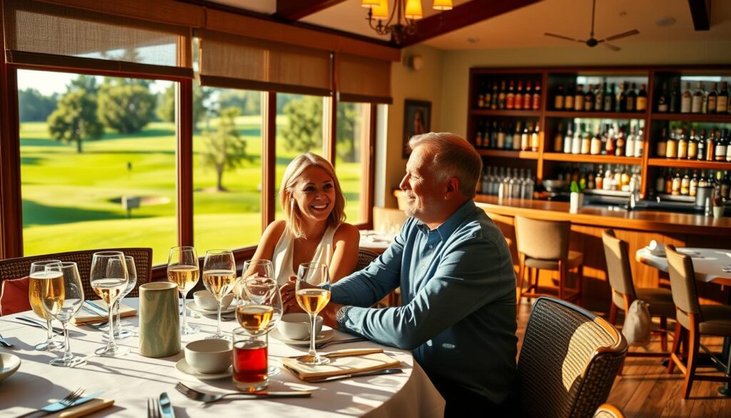 A serene, well-maintained golf club dining area is captured in vibrant detail. In the foreground, a table elegantly set for dining, featuring fine china, polished silverware, and glasses filled with refreshing beverages. A couple, dressed in smart casual attire, are engaged in cheerful conversation, exuding a sense of enjoyment and satisfaction. In the middle ground, large windows reveal the lush green golf course outside, with perfectly manicured fairways and trees gently swaying in the breeze. The background showcases an inviting bar area with shelves lined with premium spirits, softly illuminated by warm lighting, creating a cozy and welcoming atmosphere. The scene is bathed in natural sunlight, casting gentle shadows and enhancing the tranquil ambiance, inviting viewers to imagine the lifestyle benefits of golf club membership.