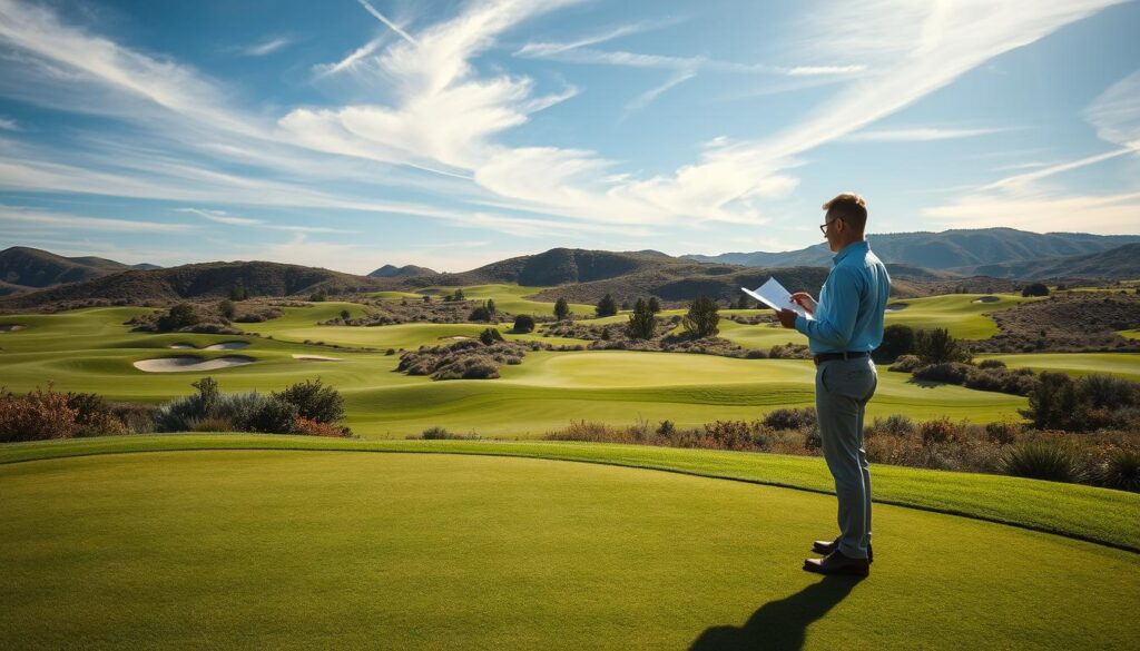 A stunning golf course designed by a renowned architect, showcasing lush green fairways, strategically located bunkers, and intricate water features. In the foreground, a beautifully manicured putting green is visible, with a professional architect in business casual attire studying blueprints on a clipboard. In the middle ground, skillfully crafted fairways lead to a challenging green surrounded by native plants and trees, emphasizing natural terrain. The background features rolling hills under a bright blue sky with wispy clouds, and soft sunlight bathes the landscape, casting gentle shadows. The mood is serene yet inspiring, reflecting the artistry and thoughtfulness of golf course design. The image captures both the beauty of the landscape and the precision of architectural planning. A stunning golf course designed by a renowned architect, showcasing lush green fairways, strategically located bunkers, and intricate water features. In the foreground, a beautifully manicured putting green is visible, with a professional architect in business casual attire studying blueprints on a clipboard. In the middle ground, skillfully crafted fairways lead to a challenging green surrounded by native plants and trees, emphasizing natural terrain. The background features rolling hills under a bright blue sky with wispy clouds, and soft sunlight bathes the landscape, casting gentle shadows. The mood is serene yet inspiring, reflecting the artistry and thoughtfulness of golf course design. The image captures both the beauty of the landscape and the precision of architectural planning.
