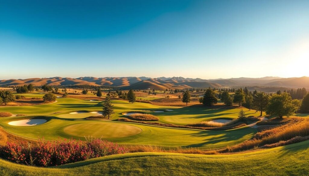 A stunning panoramic view of a world-renowned golf course, capturing unique design features such as undulating greens, strategically placed bunkers, and scenic water hazards. In the foreground, detail lush fairways lined with colorful wildflowers and neatly manicured roughs. The middle ground showcases majestic trees and natural elevations, along with elegantly designed tee boxes that offer breathtaking views of the landscape. The background features picturesque rolling hills under a clear blue sky, with soft golden sunlight illuminating the scene, creating a tranquil and inviting atmosphere. The image should reflect professionalism and serenity, suitable for those dreaming of their next unforgettable golfing adventure. Use a wide-angle lens effect to capture the grand scope of the course design while conveying a sense of peace and inspiration.