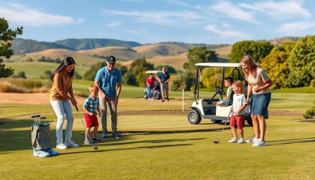 A vibrant golf course scene designed for families, showcasing accessible golf facilities. In the foreground, a group of diverse families enjoying a day on the course: parents and children playing together, all dressed in casual yet neat clothing, smiling and laughing as they tee off and putt. In the middle ground, a well-maintained putting green and a golf cart, complete with child-sized golf clubs to emphasize inclusivity. The background features rolling hills and a serene blue sky, with lush greenery framing the scene, suggesting a welcoming and friendly atmosphere. Soft, warm lighting creates an inviting mood, highlighting the joy of family activities in a scenic golf setting. The angle is slightly elevated to capture the breadth of the course and its facilities. A vibrant golf course scene designed for families, showcasing accessible golf facilities. In the foreground, a group of diverse families enjoying a day on the course: parents and children playing together, all dressed in casual yet neat clothing, smiling and laughing as they tee off and putt. In the middle ground, a well-maintained putting green and a golf cart, complete with child-sized golf clubs to emphasize inclusivity. The background features rolling hills and a serene blue sky, with lush greenery framing the scene, suggesting a welcoming and friendly atmosphere. Soft, warm lighting creates an inviting mood, highlighting the joy of family activities in a scenic golf setting. The angle is slightly elevated to capture the breadth of the course and its facilities.