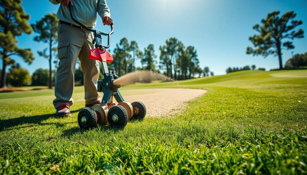 A vibrant golf course scene showcasing greens maintenance with aeration and topdressing in action. In the foreground, a professional maintenance worker in modest casual clothing operates an aerator, its spikes visibly penetrating the lush green grass. In the middle ground, freshly spread topdressing material contrasts with the dark green of the turf, enhancing the health of the greens. Surrounding the scene, perfectly manicured fairways glisten under bright sunshine, creating a warm atmosphere. The sky is clear blue, adding to the serene vibe. Use a wide-angle lens to capture the depth and detail of the course, ensuring the worker is focused, showcasing dedication to golf course excellence, without any text or distractions.
