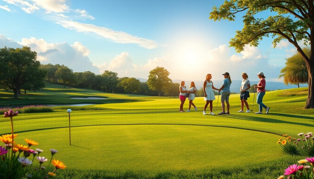 A scenic golf course layout designed with women in mind, showcasing wide fairways, gently rolling hills, and strategically placed obstacles that enhance playability. In the foreground, illustrate a lush green putting green with a single golf tee, framed by colorful wildflowers in bloom. The middle ground features a diverse group of women golfers in professional golf attire, engaged in friendly discussions about the course, displaying camaraderie and enthusiasm. The background includes a picturesque blue sky with soft, fluffy clouds and trees that provide shade along the fairway. Capture the lighting of a warm, late afternoon sun, casting a golden glow across the landscape, creating a welcoming and empowering atmosphere that encourages women golf enthusiasts to appreciate the course's design.