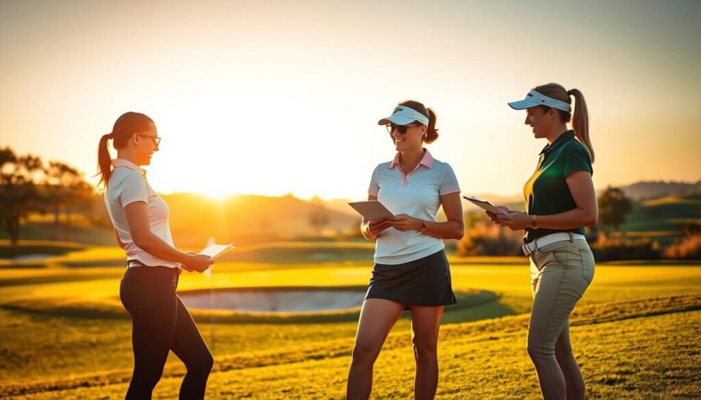 A serene golf course during golden hour, with vibrant green fairways and perfectly manicured greens. In the foreground, a group of three female golfers, dressed in smart casual golf attire, are engaged in a discussion while reviewing scorecards and taking notes. Their expressions convey enthusiasm and camaraderie. In the middle ground, a picturesque sand trap and a picturesque flag marking the hole adds depth to the scene, while a few trees create a natural border. The background captures rolling hills under a warm, soft sunset, with a light breeze rustling through the grass. The bright yet soft lighting casts gentle shadows, creating an inviting and positive atmosphere that resonates with a sense of community and shared experiences among female golfers.