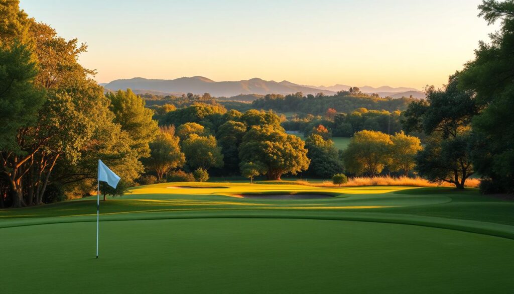 A serene, hidden golf course nestled in a lush, rolling landscape, showcasing unique course characteristics. In the foreground, a well-manicured green with a subtle golf flag waving gently in an inviting breeze. In the middle ground, a diverse array of trees framing the fairway, their leaves vibrant with shades of green, some turning autumnal hues. The background features distant hills bathed in warm, golden sunlight during the golden hour, enhancing the peaceful atmosphere. A crystal-clear sky transitions to soft oranges and pinks, creating a tranquil mood. The scene captures the essence of hidden treasures in golf, evoking a sense of exploration and serenity, with no people present, ensuring an uninterrupted focus on the course's beauty.