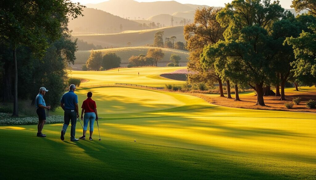 A tranquil hidden golf course, featuring lush green fairways and pristine, undisturbed nature. In the foreground, a small group of golfers in modest casual attire, engaged in conversation and enjoying the serene surroundings, with golf clubs in hand. The middle ground showcases a beautiful, curved fairway lined with mature trees and vibrant wildflowers. In the background, rolling hills bathed in soft golden sunlight, creating a warm and inviting atmosphere. The scene captured during the golden hour, with gentle rays of sunlight filtering through the leaves, casting dappled shadows on the ground. The mood is peaceful and relaxed, highlighting the charm and beauty of lesser-known golf course treasures.