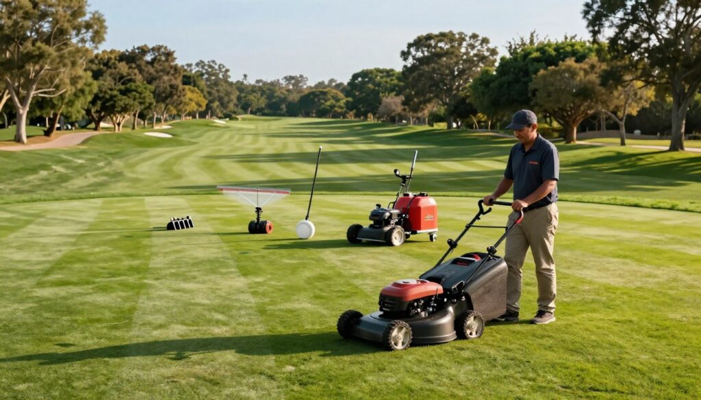 A beautifully maintained golf course fairway during a sunny day, showcasing various golf course maintenance techniques. In the foreground, a professional groundskeeper in modest casual clothing is operating a state-of-the-art lawn mower, leaving behind a perfectly striped pattern on the lush green grass. In the middle ground, several maintenance tools and machinery, such as aerators and sprayers, are strategically placed, illustrating high-tech maintenance practices. The background features a picturesque panorama of rolling hills and well-maintained trees, casting soft shadows in the afternoon light. The scene is illuminated with warm sunlight, enhancing the vibrant colors of the grass and the blue sky, creating a sense of tranquility and excellence in golf course preservation techniques. A beautifully maintained golf course fairway during a sunny day, showcasing various golf course maintenance techniques. In the foreground, a professional groundskeeper in modest casual clothing is operating a state-of-the-art lawn mower, leaving behind a perfectly striped pattern on the lush green grass. In the middle ground, several maintenance tools and machinery, such as aerators and sprayers, are strategically placed, illustrating high-tech maintenance practices. The background features a picturesque panorama of rolling hills and well-maintained trees, casting soft shadows in the afternoon light. The scene is illuminated with warm sunlight, enhancing the vibrant colors of the grass and the blue sky, creating a sense of tranquility and excellence in golf course preservation techniques.