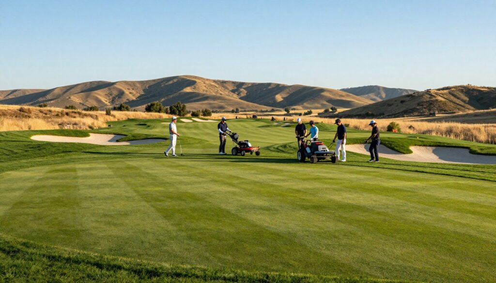 A beautifully manicured golf course in the foreground, showcasing vibrant green fairways and pristine sand traps, expertly maintained by a diverse team of professionals dressed in smart, casual golf attire. In the middle ground, workers are busy with cutting-edge maintenance equipment, such as mowers and aerators, demonstrating the latest techniques in turf management. The background features rolling hills and a clear blue sky, typical of an ideal golfing day. The lighting is warm and inviting, casting soft shadows that enhance the textures of the grass and soil. The atmosphere is one of dedication and professionalism, highlighting the success stories of golf course maintenance and excellence. The angle of the shot is slightly elevated, offering a panoramic view that captures the harmony between nature and skilled craftsmanship. A beautifully manicured golf course in the foreground, showcasing vibrant green fairways and pristine sand traps, expertly maintained by a diverse team of professionals dressed in smart, casual golf attire. In the middle ground, workers are busy with cutting-edge maintenance equipment, such as mowers and aerators, demonstrating the latest techniques in turf management. The background features rolling hills and a clear blue sky, typical of an ideal golfing day. The lighting is warm and inviting, casting soft shadows that enhance the textures of the grass and soil. The atmosphere is one of dedication and professionalism, highlighting the success stories of golf course maintenance and excellence. The angle of the shot is slightly elevated, offering a panoramic view that captures the harmony between nature and skilled craftsmanship.