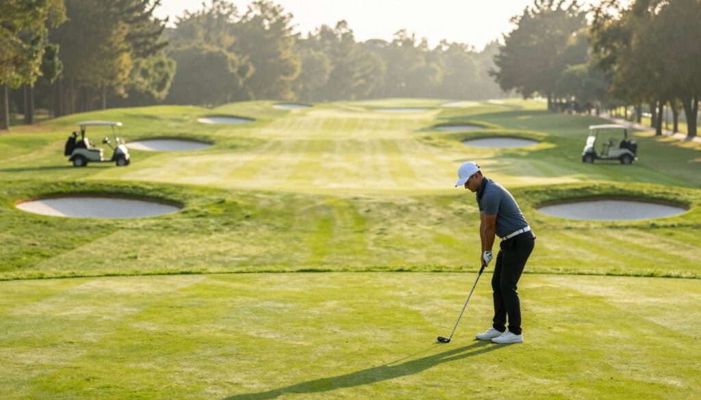 A bright golf course at sunrise, showcasing the first hole with a pristine fairway and strategically placed bunkers. In the foreground, a professional golfer in smart golf attire prepares to tee off, demonstrating focused concentration. The middle ground features a well-manicured green and a modern golf cart, indicating course management tools. In the background, rolling hills and a gentle tree line create a serene atmosphere, with soft morning light casting long shadows. The image captures the essence of professionalism and strategy, inviting viewers into the meticulous world of golf where every detail matters. The lens is wide-angle, enhancing the scene's depth, and the overall mood is inspiring and determined.