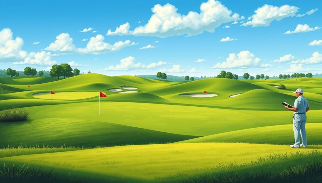 A detailed and engaging illustration depicting the concept of slope ratings in golf courses. In the foreground, a lush green golf course with distinct rolling hills, showcasing various sections marked with colorful flags indicating different slope ratings. The middle ground features well-groomed fairways, a few strategically placed sand traps, and a player wearing professional golf attire, analyzing a scorecard. In the background, a clear blue sky with soft, fluffy clouds, and distant trees framing the course. The image should be well-lit, capturing the vibrant colors of the course, with a focus on the nuances of the terrain. The overall mood is serene and dedicated, emphasizing the importance of slope ratings in golfer decision-making.