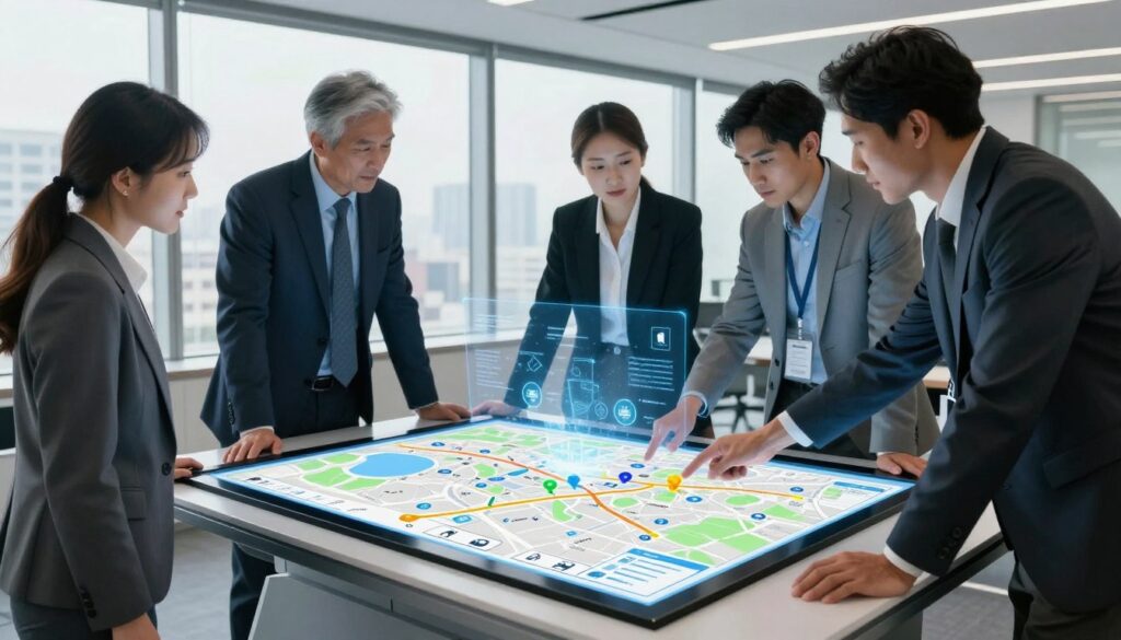 A detailed and vibrant scene showcasing an interactive map interface displayed on a sleek, modern touchscreen table in a well-lit, professional office space. In the foreground, a diverse group of three professionals, dressed in smart business attire, collaboratively analyze map data and engage in tactical planning, pointing at various locations on the map. In the middle ground, the map reveals dynamic elements such as highlighted routes and icons representing points of interest, with a holographic interface enhancing the interactivity. The background features a large window letting in natural light, providing a view of a cityscape. The atmosphere is focused and energetic, with a sense of teamwork and innovation. The composition is captured using a wide-angle lens to emphasize the spatial relationship between the team and the interactive elements.