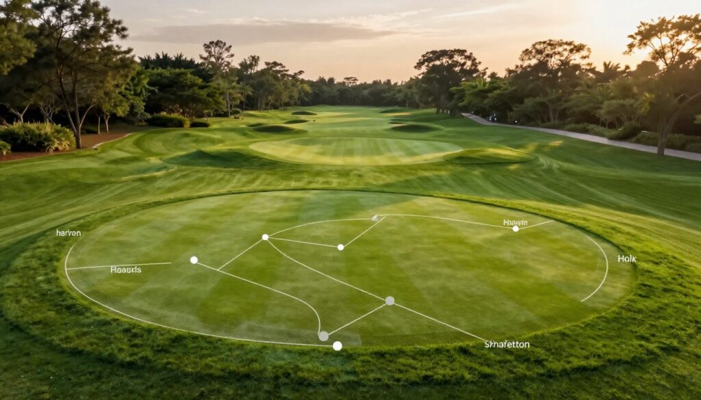 A detailed visualization of a golf course analysis guide, featuring a strategically designed golf hole layout prominently displayed in the foreground, with marked key areas for tactical play such as hazards, landing zones, and optimal approach paths. In the middle ground, include vibrant green fairways and a carefully manicured putting green, surrounded by natural elements like trees and bushes, enhancing the course's beauty. The background showcases a picturesque sky during golden hour, casting warm lighting that highlights the contours of the course. The scene should convey a sense of professionalism and strategy, evoking excitement for golf enthusiasts. Ensure the composition is clear and well-organized, with no text or overlays, focusing solely on the visual elements.