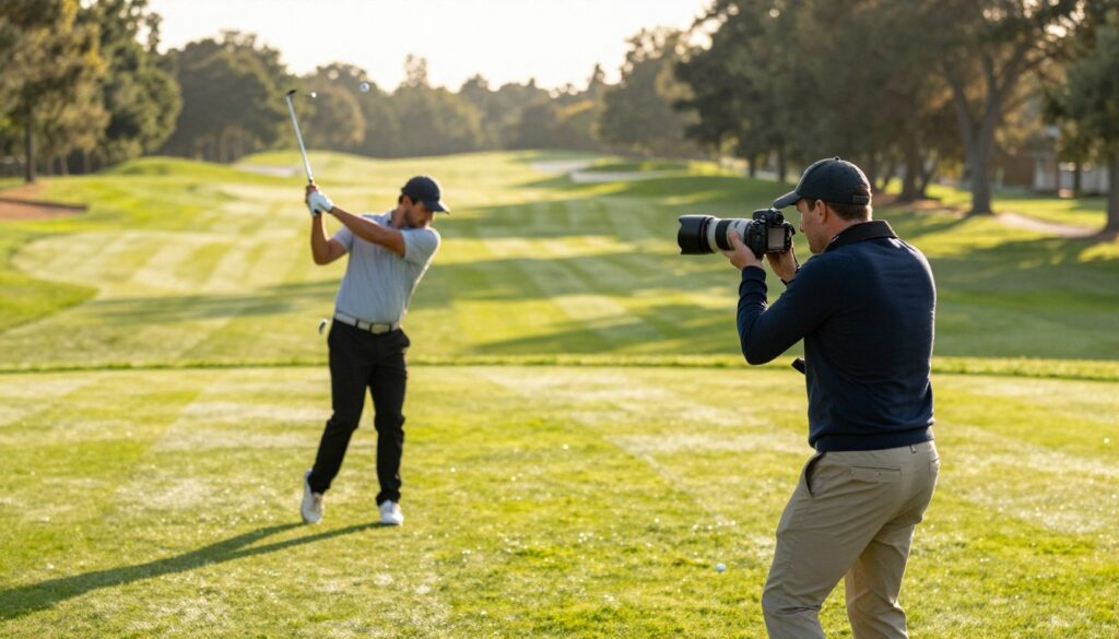 A dynamic scene of a golf photographer capturing an iconic moment on a lush green golf course. In the foreground, a professional photographer in smart casual attire is steadying their high-end DSLR camera, with a 200mm lens, positioned to capture a golfer's powerful swing. The middle ground features a golfer mid-swing, focusing intently on the ball, wearing a classic polo shirt and golf cap. In the background, sunlit rolling hills and tall trees form a picturesque golf course, bathed in warm, golden hour light. The atmosphere is energetic yet serene, with a soft bokeh effect around the edges, emphasizing the intensity of the moment. The image highlights the art of capturing fleeting instances in golf photography.