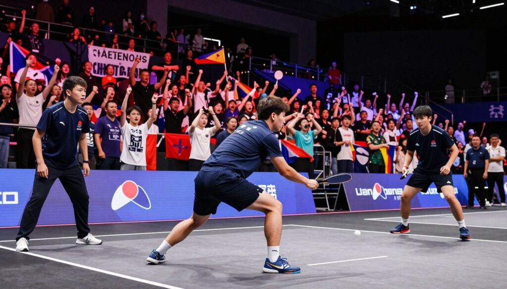 A dynamic scene of competitive play at a prestigious tournament, featuring skilled players in professional attire focused intently on their game. In the foreground, an intense competitor is making a strategic move, showcasing determination and concentration, while their teammate observes with anticipation. In the middle ground, an audience filled with passionate fans is cheering, some waving flags and holding banners, conveying excitement and energy. The background features a well-designed tournament arena, brightly lit with stage lighting that highlights the action, contributing to an electrifying atmosphere. A wide-angle lens captures the depth of the scene, emphasizing the scale of the event. The overall mood is vibrant and thrilling, encapsulating the essence of high-stakes competition. A dynamic scene of competitive play at a prestigious tournament, featuring skilled players in professional attire focused intently on their game. In the foreground, an intense competitor is making a strategic move, showcasing determination and concentration, while their teammate observes with anticipation. In the middle ground, an audience filled with passionate fans is cheering, some waving flags and holding banners, conveying excitement and energy. The background features a well-designed tournament arena, brightly lit with stage lighting that highlights the action, contributing to an electrifying atmosphere. A wide-angle lens captures the depth of the scene, emphasizing the scale of the event. The overall mood is vibrant and thrilling, encapsulating the essence of high-stakes competition.
