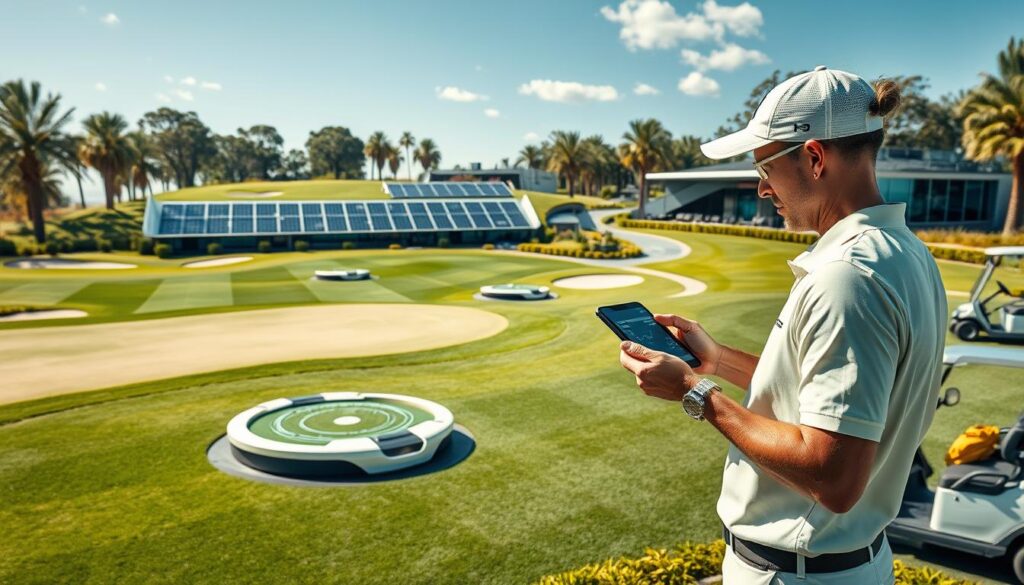 A futuristic golf course showcasing advanced technology, with a sleek, dynamic design featuring high-tech greens and automated golf carts. In the foreground, a modern golfer wearing professional athletic apparel analyzes data on a tablet, focusing on personalized feedback from smart sensors embedded in the course. The middle ground features innovative tee boxes and automated ball retrievers, surrounded by lush, vibrant greenery. In the background, a panoramic view of a high-tech clubhouse with solar panels and interactive displays about course performance. The scene is illuminated by bright, natural sunlight, enhancing the vivid colors and creating a positive, forward-looking atmosphere that captures the evolution of golf technology. The angle is slightly elevated, providing a comprehensive view of the harmonious blend of nature and technology.