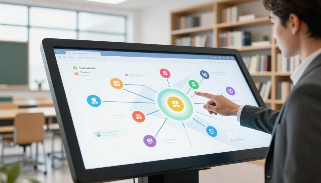 A modern, interactive course navigation map displayed on a large touchscreen panel in a well-lit educational environment. In the foreground, a professional individual in business attire is engaged with the touchscreen, pointing at various course pathways with a look of concentration. The middle ground features sleek, abstract icons representing different courses and subjects scattered across the map, with vibrant colors and smooth lines connecting them. The background showcases a contemporary classroom with shelves filled with educational materials and large windows allowing natural light to flow in, creating an inviting atmosphere. The focus is sharp on the touchscreen, with a soft blur on the background to emphasize the interaction. The overall mood is one of exploration and innovation, highlighting the importance of efficient course navigation.