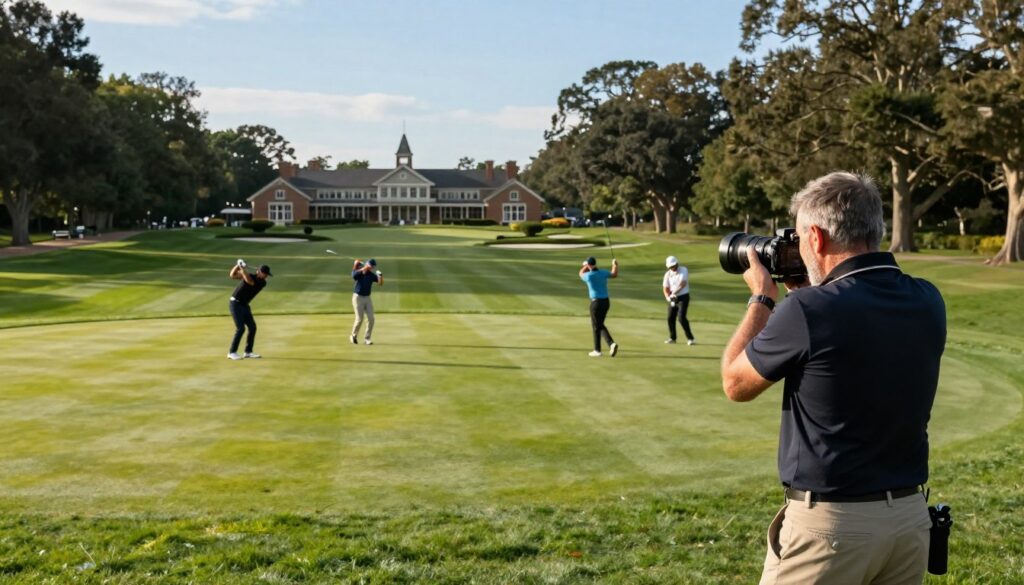 A panoramic view of an iconic golf course, showcasing rolling green fairways and meticulously manicured landscapes under a bright blue sky. In the foreground, an experienced sports photographer with a professional camera, dressed in smart casual attire, is capturing the perfect shot. The middle ground features a group of golfers mid-swing, symbolizing the thrill of the game. In the background, the distinct silhouette of a historic clubhouse is visible, framed by towering trees. Soft, warm lighting creates a golden hour ambiance, highlighting the lush greens and the sportsmanship of the players. The scene conveys a sense of excitement and passion for golf, inviting viewers to appreciate the artistry in sports photography.