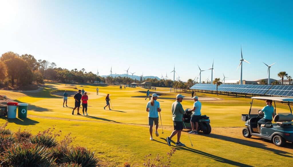A picturesque golf course featuring vibrant green fairways and eco-friendly practices. In the foreground, a diverse group of golfers in casual athletic attire is engaging in a round of golf, using solar-powered golf carts. In the middle ground, visible recycling bins and native plants dot the landscape, emphasizing sustainable landscaping. The background showcases wind turbines and solar panels alongside the course, blending with the natural scenery. The lighting is warm and inviting, capturing a late afternoon sun casting long shadows across the fairway. The atmosphere is serene and environmentally conscious, reflecting a harmonious balance between sport and nature, with a clear blue sky overhead.