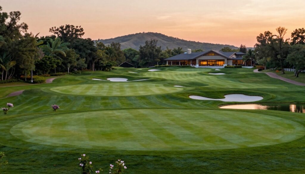 A picturesque golf course inspired by the design philosophies of Robert Trent Jones, featuring lush green fairways interspersed with strategically placed bunkers and natural water hazards. In the foreground, a vibrant putting green with undulating terrain is visible, accentuated by flowering shrubs. The middle ground showcases pristine fairways leading towards a scenic backdrop of rolling hills and dense trees, highlighting the course's harmony with nature. In the distance, a beautifully designed clubhouse with large windows overlooks the course, bathed in the warm glow of late afternoon sunlight. The sky is clear with soft orange and pink hues from the setting sun, creating a tranquil and inviting atmosphere, perfect for golf enthusiasts. Capture this scene with a medium focal length lens, emphasizing the layers of the landscape and the serene ambiance of a world-class golf course.