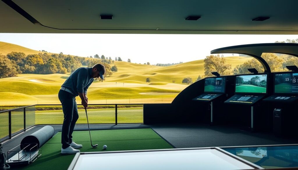 A pristine golf practice facility set in an expansive green landscape, showcasing modern technology integrated into the environment. In the foreground, a golfer in smart casual attire is using a high-tech putting simulator, focused on the digital display that analyzes their stroke. In the middle ground, sleek practice bays equipped with virtual simulation technology and equipment tracking systems exhibit an innovative approach to golfing. The background features lush rolling hills and strategically placed LED screens displaying statistics. Soft, natural sunlight filters through the trees, creating a bright and inviting atmosphere. The angle captures the immersive experience of practice with state-of-the-art gadgets and the serene beauty of the golf course. The mood is energetic yet relaxed, reflecting the perfect blend of technology and nature.