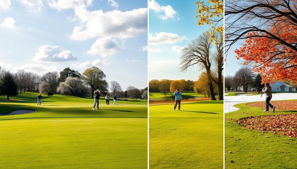 A scenic golf course during the four seasons, with distinct sections reflecting each season: in the foreground, a lush green fairway with golfers in professional attire enjoying a sunny spring day. In the middle, a vibrant summer scene with players on the course adorned with blooming flowers and bright skies. To the right, a serene autumn landscape featuring fallen leaves and players in light jackets, capturing the essence of the season. In the background, a winter wonderland with a snow-covered course and a single golfer in winter gear practicing swings. Soft, natural lighting enhances the diverse colors of each season, creating a warm and inviting atmosphere that conveys the joy and tranquility of golfing throughout the year.