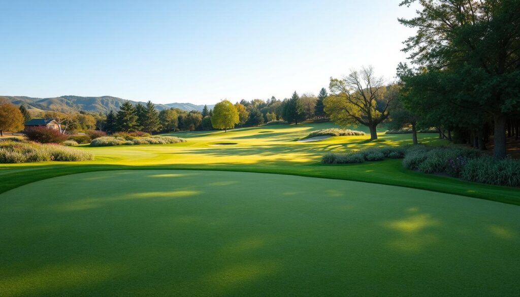 A serene eco-friendly golf course set in a lush landscape, featuring natural grasses and native plantings designed to harmonize with the environment. In the foreground, a gently winding fairway made of organic turf, bordered with wildflowers and small bushes, invites players to engage with nature. The middle ground showcases a variety of trees interspersed throughout the course, providing shade and enhancing biodiversity. In the background, rolling hills and a clear blue sky create a tranquil atmosphere, with soft sunlight filtering through the leaves, casting dynamic shadows on the greens. The overall mood is peaceful and inviting, conveying a sense of sustainability and respect for natural ecosystems. A wide-angle lens captures the harmonious layout of the course, emphasizing its integration with the surrounding landscape.