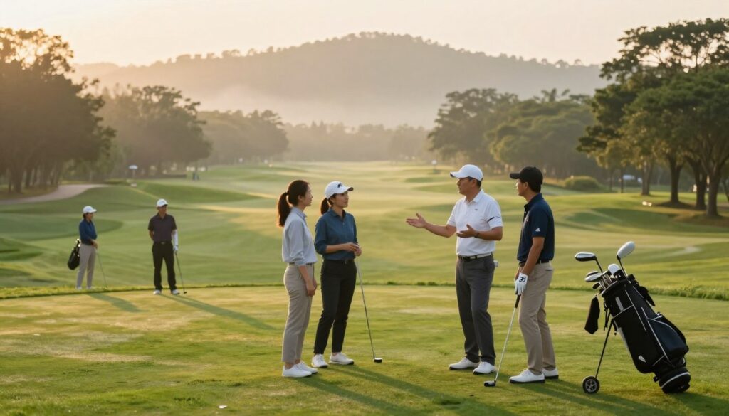 A serene golf course at sunrise, showcasing diverse golfers sharing personal stories on the green. In the foreground, a middle-aged golfer in professional attire is animatedly gesturing, holding a golf club, while beside him, a young woman in smart casual clothing listens intently, both surrounded by golf equipment. In the middle ground, several trees and beautifully manicured fairways stretch into the distance, hinting at the vastness of the course. The background captures a picturesque landscape, including rolling hills and a soft, misty sunrise that bathes the scene in golden light, evoking a sense of camaraderie and adventure. The atmosphere is warm and inviting, perfect for storytelling moments. Use a wide-angle lens to emphasize depth and connection among the players.