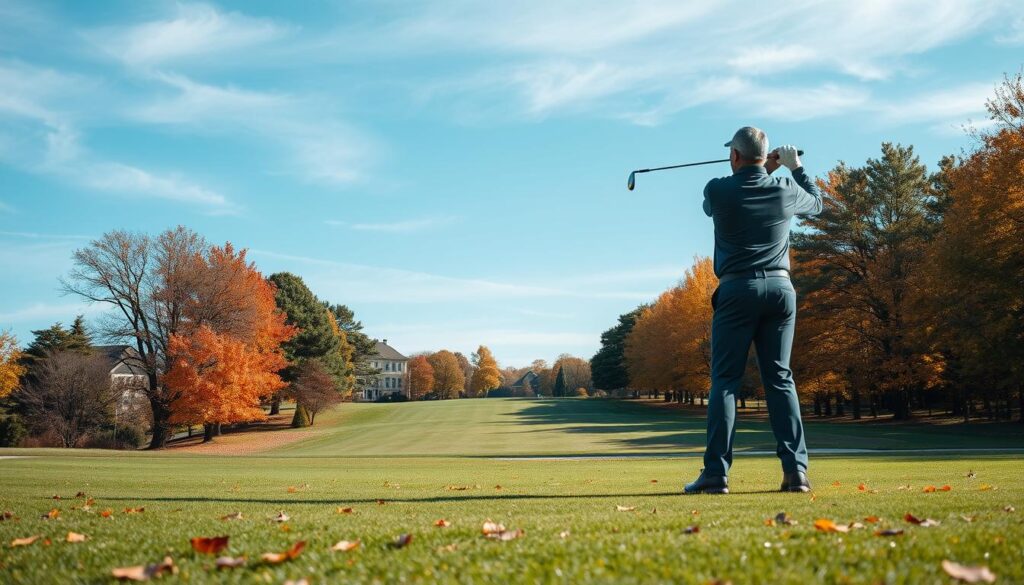A serene golf course in the off-season, surrounded by a vibrant autumn landscape. In the foreground, a single golfer dressed in professional business attire, preparing to take a swing, focused and contemplative. The middle ground features a well-maintained fairway, dotted with fallen leaves in shades of red and gold, and picturesque trees in their seasonal transition. In the background, a clear blue sky with soft, diffused sunlight illuminating the scene, casting gentle shadows on the grass. The atmosphere evokes tranquility and a sense of preparation, inviting the viewer to contemplate the unique charm and challenges of off-season golfing. The lens captures a slightly elevated angle, emphasizing the vastness of the course and adding depth to the composition.