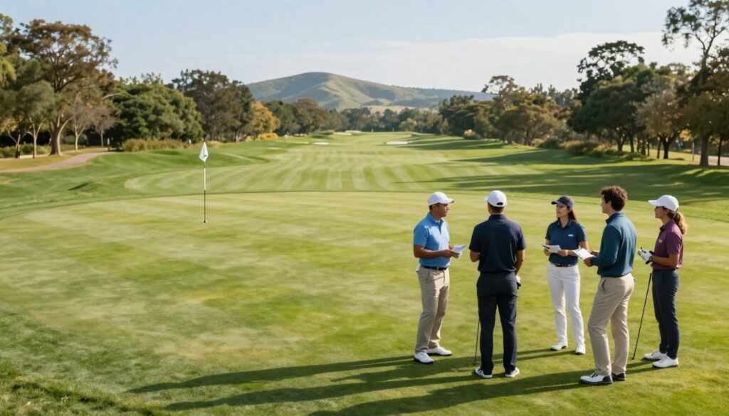 A serene golf course landscape illustrating common themes in customer feedback. In the foreground, a diverse group of golfers—two men and one woman—dressed in smart casual attire, are engaged in conversation, holding scorecards and discussing their experiences. In the middle ground, a beautifully manicured green with a few golf flags, showcasing a well-maintained course. The background features rolling hills and a clear blue sky, creating a peaceful atmosphere. Soft sunlight filters through distant trees, casting gentle shadows on the course. The image reflects a sense of community and shared passion for golfing, emphasizing satisfaction and engagement among patrons. Capture this scene from a slightly elevated angle to enhance depth and perspective.