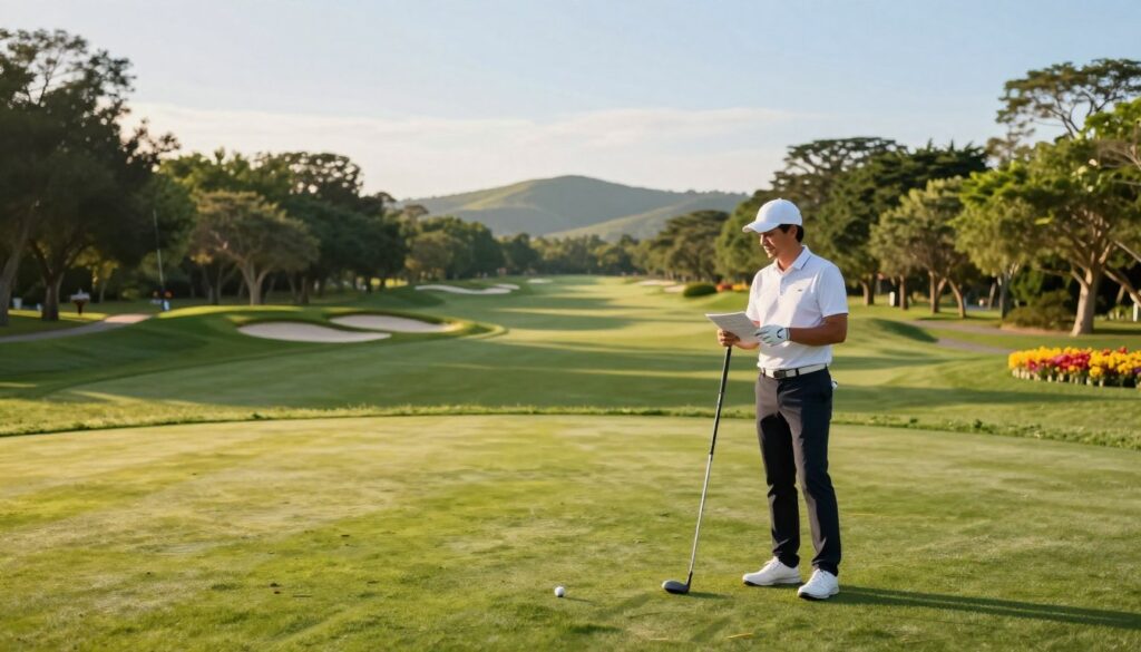 A serene golfing scene capturing the essence of a successful day on an elite golf course. In the foreground, a golfer in professional golf attire stands proudly, holding a scorecard while expressing satisfaction with their round. In the middle ground, the lush green fairway stretches out, framed by expertly manicured trees and vibrant flower beds. A distant sand trap glimmers under the late afternoon sun. In the background, rolling hills and a pristine blue sky complete the picturesque landscape. The lighting is warm and golden, evoking a sense of tranquility and accomplishment. The mood is one of reflection and joy, highlighting the beauty of a day well spent on the golf course.