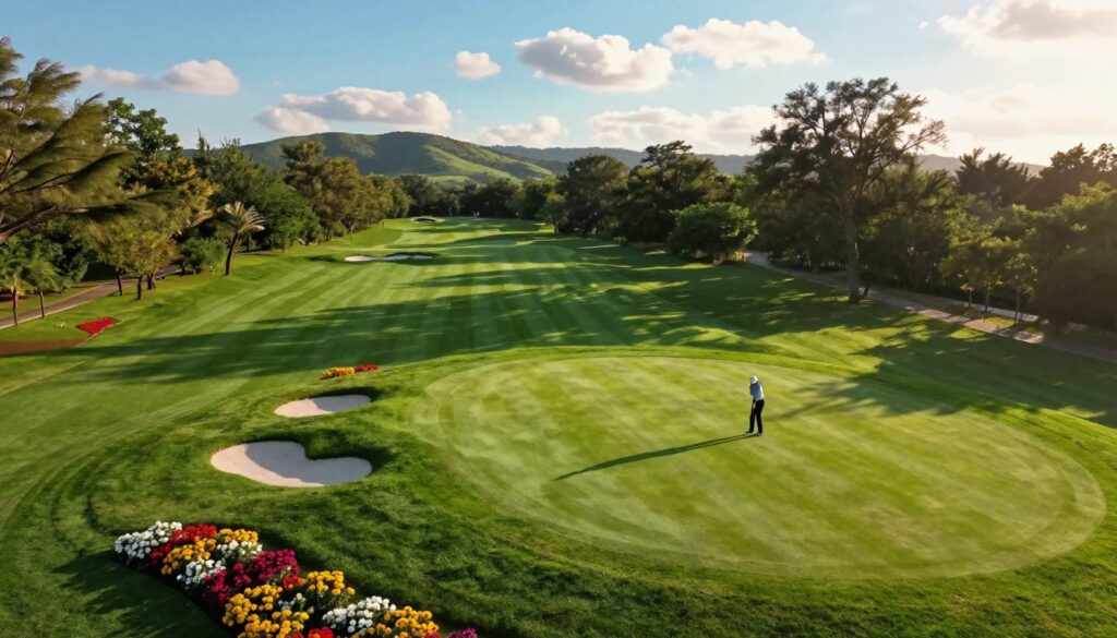 A stunning aerial view of a championship golf course, showcasing its lush green fairways and meticulously manicured greens. In the foreground, vibrant flowers and strategically placed bunkers add color and texture. The middle ground features a wide, challenging fairway seamlessly winding toward a pristine green, where a golfer in professional attire stands ready to putt. Majestic trees provide a natural border, their leaves dancing in a gentle breeze. In the background, rolling hills create a picturesque landscape under a bright blue sky, dotted with fluffy white clouds. The golden hour lighting bathes the scene in a warm glow, enhancing the rich greens and earthy tones. Capture this idyllic moment from a slightly elevated angle to provide a comprehensive view of the course's features, conveying a sense of tranquility and excitement.
