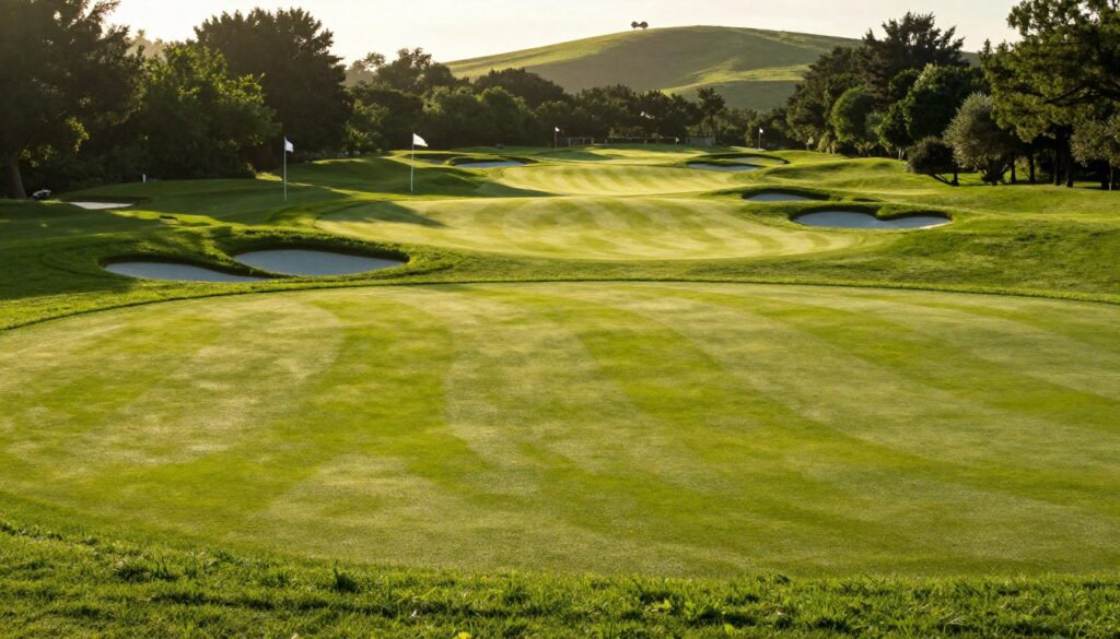 A stunning visual breakdown of an iconic golf course hole, featuring an elegantly designed fairway that winds gently towards a beautifully manicured green. In the foreground, a lush, textured grass landscape with strategically placed bunkers glistening under the sunlight. In the middle, the green is dotted with delicate flags fluttering in a gentle breeze, and a backdrop of rolling hills draped in rich greenery. The lighting is warm and golden, capturing the late afternoon sun, enhancing the vibrant colors of the course. The atmosphere is serene and peaceful, evoking a sense of tranquility and sophistication. The scene is captured from a slightly elevated angle, with a focus on depth, showcasing the architectural mastery of the course in a visually striking way.