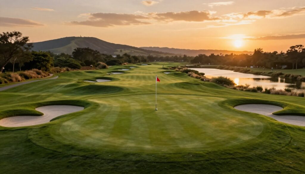 A stunning visual gallery showcasing renowned golf venues around the world. In the foreground, a beautifully manicured putting green flanked by elegant sand traps. The middle ground features a picturesque fairway leading to a flag waving gently in the breeze. In the background, iconic golf course landscapes, such as rolling hills and serene water hazards, under a vibrant sunset sky casting warm, golden tones. The lighting is soft, emphasizing the lush greens and earthy browns of the course. The atmosphere is tranquil yet exhilarating, capturing the prestige of championship golf. The angle is slightly elevated, offering a comprehensive view of the course layout, inviting viewers into this golfer's paradise.