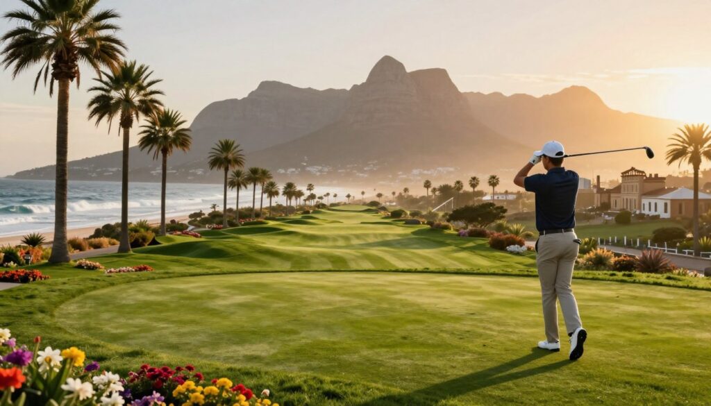 A vibrant collage depicting iconic golf destinations around the world. In the foreground, lush green fairways lined with palm trees and colorful flowers, featuring a golfer in smart casual attire swinging a club, showcasing the sport's elegance. The middle ground reveals diverse landscapes: a seaside course with ocean waves crashing, a mountain backdrop with stunning peaks, and a historic course with ancient ruins. In the background, a sunset casts a warm golden glow, enhancing the natural beauty. The scene is bathed in soft, diffused light, capturing a serene yet dynamic atmosphere. The composition is viewed from a slightly elevated angle, providing depth and inviting the viewer to explore these premier golfing locales.