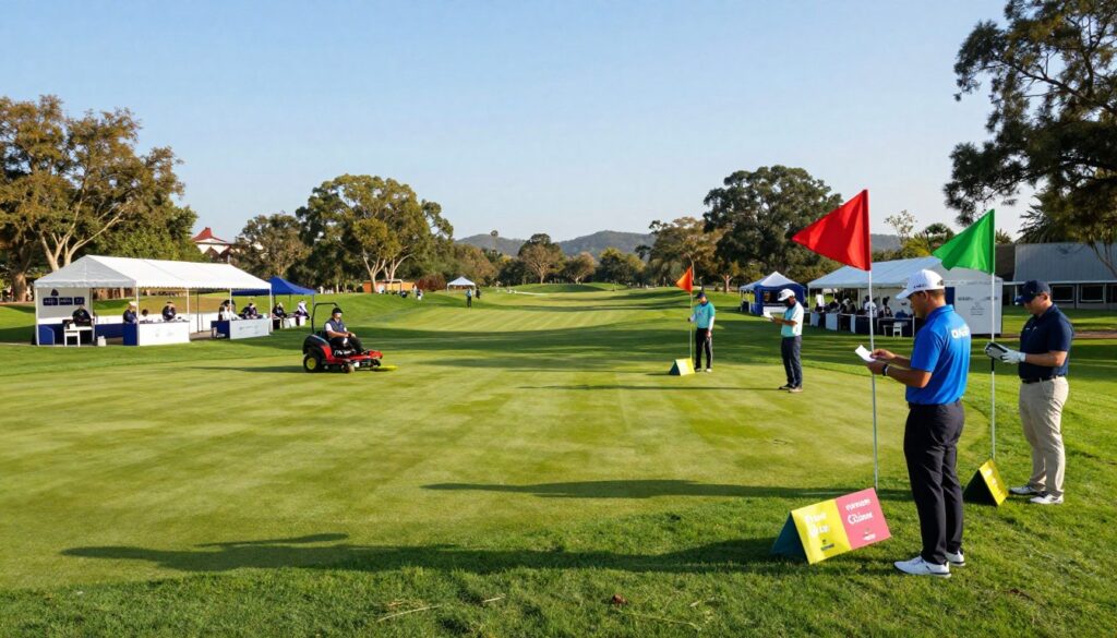 A vibrant scene depicting the behind-the-scenes preparations at a tournament-ready golf course. In the foreground, a group of staff members in professional attire meticulously arranging flags and markers on the lush greenery. One person checks a scorecard, while another sets up colorful signage for the tournament. In the middle ground, pristine fairways are being mowed, with a groundskeeper operating a riding mower. Nearby, workers are setting up tents and tables, preparing them for spectators. The background reveals a clear blue sky and rolling hills, with trees framing the course. The lighting is warm and bright, indicative of a sunny afternoon, creating an energetic and optimistic atmosphere, perfect for a major tournament. The image captures the meticulous effort and teamwork involved in course preparation. A vibrant scene depicting the behind-the-scenes preparations at a tournament-ready golf course. In the foreground, a group of staff members in professional attire meticulously arranging flags and markers on the lush greenery. One person checks a scorecard, while another sets up colorful signage for the tournament. In the middle ground, pristine fairways are being mowed, with a groundskeeper operating a riding mower. Nearby, workers are setting up tents and tables, preparing them for spectators. The background reveals a clear blue sky and rolling hills, with trees framing the course. The lighting is warm and bright, indicative of a sunny afternoon, creating an energetic and optimistic atmosphere, perfect for a major tournament. The image captures the meticulous effort and teamwork involved in course preparation.