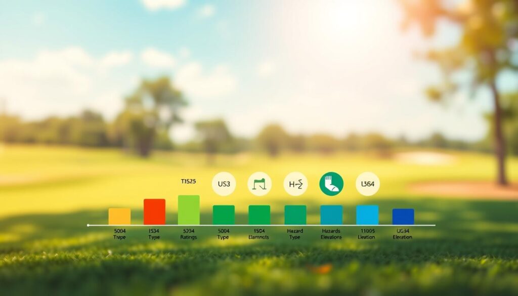A visually engaging scene depicting an infographic layout that illustrates slope ratings and USGA ratings, specifically designed for golf courses. In the foreground, display a clear bar chart comparing different slope ratings with colorful gradients, each bar labeled with varying values, symbolizing difficulty. In the middle, incorporate circular icons representing different golf course characteristics, such as terrain type, hazards, and elevation. The background features a softly blurred image of a lush green golf course under a bright blue sky, enhancing the theme of golf. Utilize warm, natural lighting to create an inviting atmosphere, and a slight aerial angle to provide a comprehensive view of the infographic. The overall mood should be educational yet engaging, appealing to both golfing enthusiasts and newcomers alike. Ensure there are no text overlays or additional graphics disrupting the clarity of the visual representation.