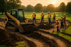 Gillespie Golf Course renovations showing green, practice area, and clubhouse concept in Greensboro