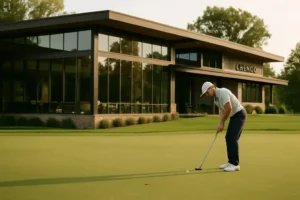 Glencoe clubhouse exterior beside fairways with Prairie Style rooflines and terrace seating