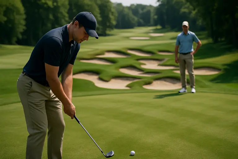 Golfer facing a broad fairway with bunkers, water, and multiple tee angles