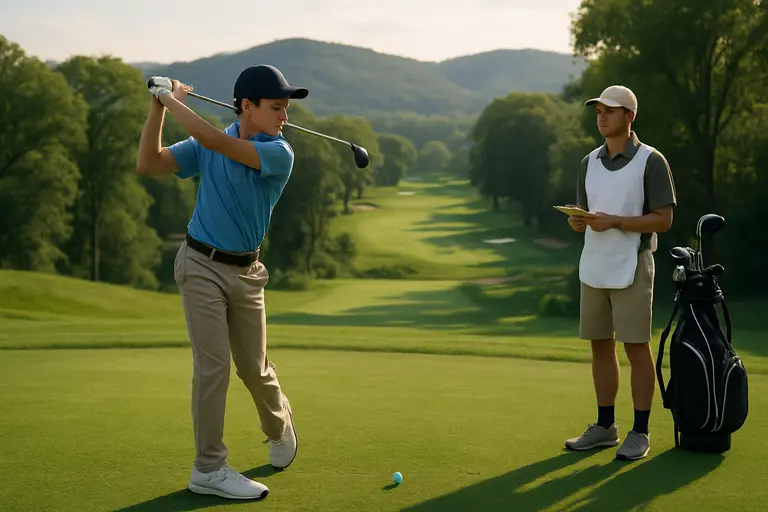 Golfer studying a fairway angle before an approach to a contoured green
