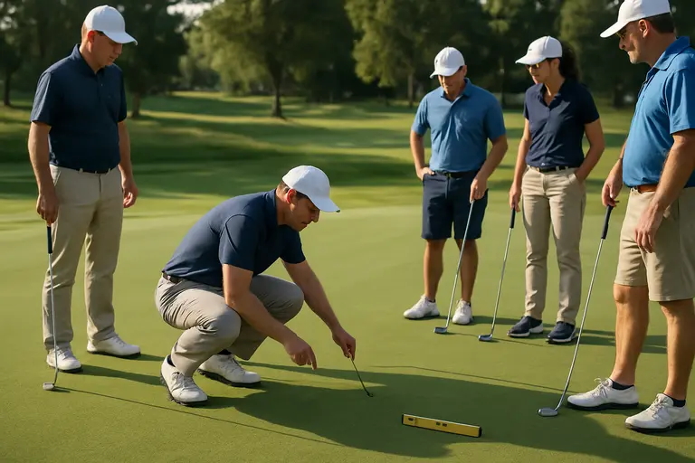 Golfers studying approach angles near a newly renovated green complex